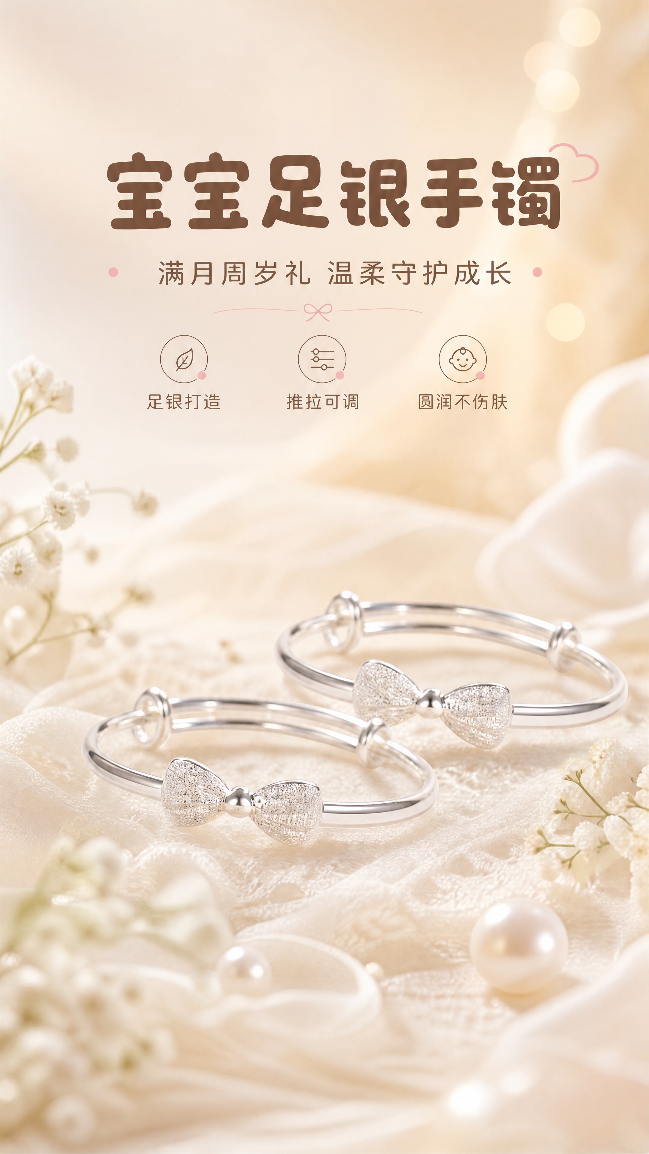 [商品] 使用【图1、图8】蝴蝶结款宝宝银手镯一对；保留推拉可… - 图片创意预览