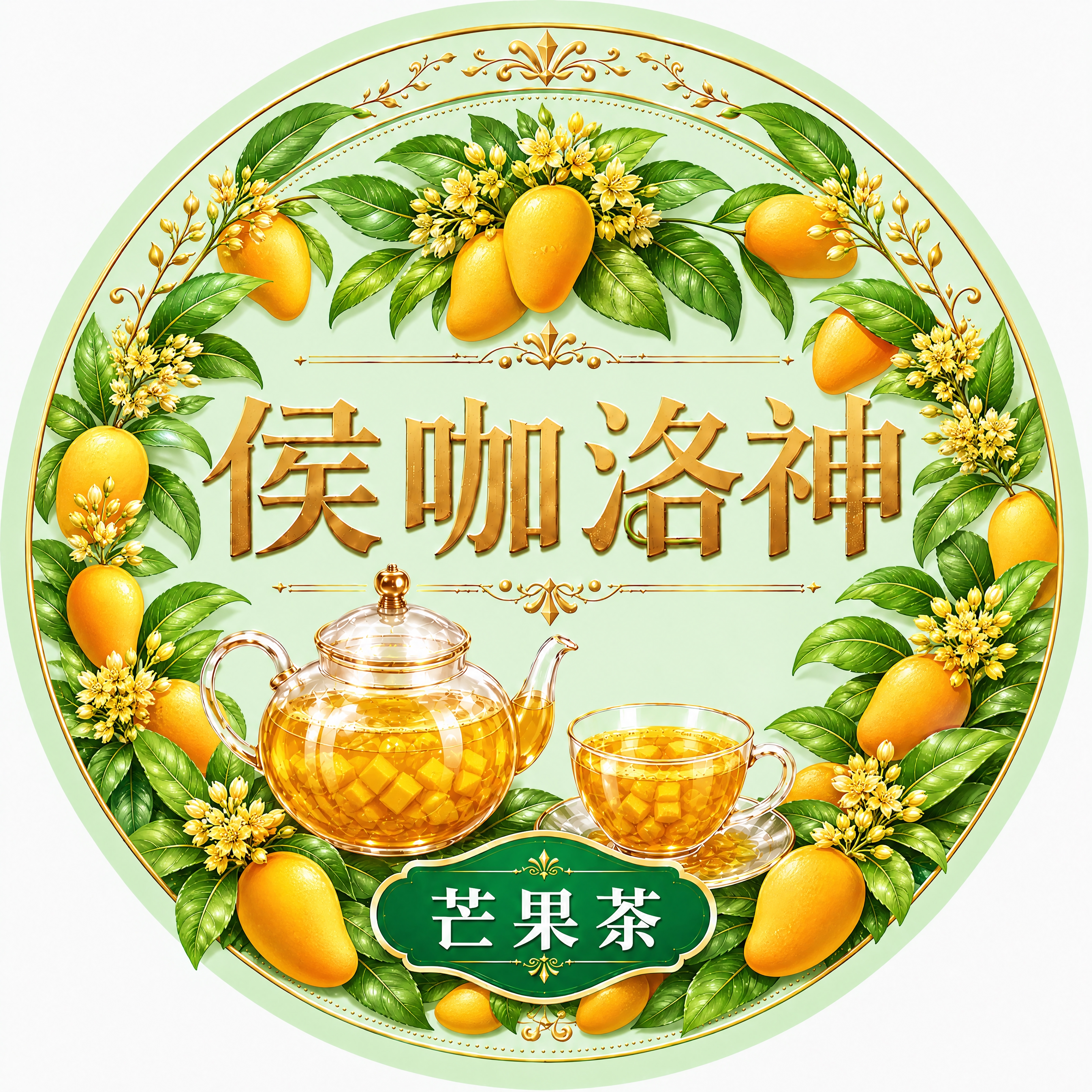 基于参考图彻底重绘，保持浅绿色圆形背景、金色边框花纹、"侯咖洛… - 图片创意预览