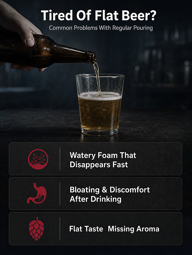 [Page 2] Pain point page - Three common problems with regular beer pouring. No product image needed.
[Style] Dark realistic style, real trouble scenes, resonance building, commercial photography texture.
[Elements] Upper half: a hand holding a beer bottle pouring into a glass, foam sparse and dissipating quickly, beer surface flat and dull (only hand and cup shown, no face). Lower half: three pain point cards arranged vertically, each with a small icon and pain point description. Dark bar table background, low atmosphere.
[Lighting] Top light dim, overall cool gray tone, creating trouble feeling; beer cup transparent but dull, foam sparse and flat; heavy shadows emphasizing problem feeling.
[Color scheme] Global background #2C2C3C dark gray-blue; main color cool gray + dark brown; secondary color dark beer gold; accent color dark red pain point labels.
[Composition] 3:4 vertical, upper half pouring scene centered, lower half three pain point cards vertical arrangement, clear upper-lower division.
[Text layout] Top main title "Tired Of Flat Beer?" white large bold sans-serif; subtitle "Common Problems With Regular Pouring" light gray medium. Three pain point card text: "Watery Foam That Disappears Fast"、"Bloating & Discomfort After Drinking"、"Flat Taste  Missing Aroma"，white text with dark red small icons.
[Output] 3:4 vertical ratio, 4K resolution, clear text, HD quality.
[Negative] deformation, watermark, text disorder, cluttered background, Chinese text, character face, product appearing, wood grain base.
