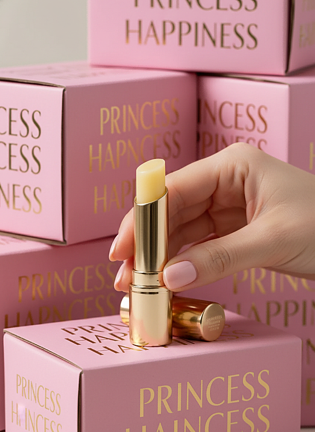 画面中堆叠着一堆粉色的快递盒，上面印着金色的艺术字“PRINCESS”"HAPPINESS"等，一只手从盒子中间伸出来拿着图中主体进行展示，画面活泼，适合商品展示
