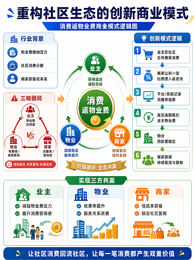 一张消费返物业费商业模式逻辑图，主题是重构社区生态的创新商业模式，排版有趣清晰，包含行业背景三输困局问题模块，颜色区分层次，比例3:4