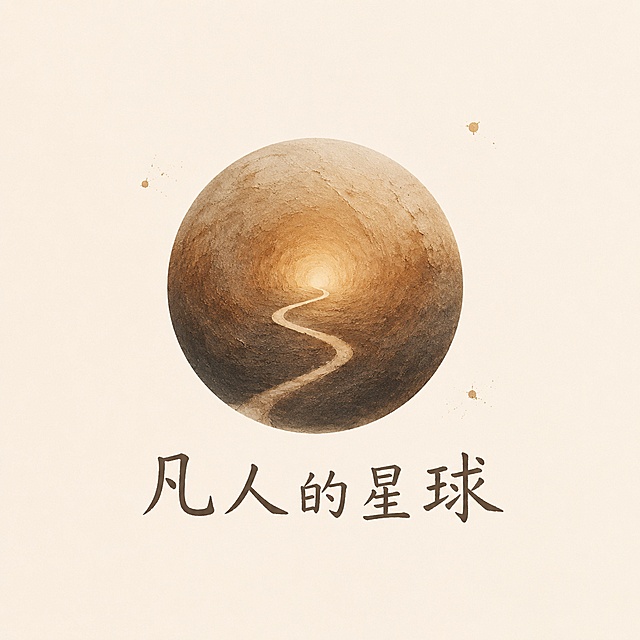 A logo design for a brand called "凡人的星球". A warm, textured planet in earth tones. On the surface of the planet, a thin, winding path is visible, starting from the planet's horizon and curving gently inward. At the end of the path, a soft glow emanates from within the planet, as if the journey inward leads to an inner light. The path is subtle, like a brush stroke. The planet is surrounded by two or three tiny specks of distant stardust. Below, the Chinese characters "凡人的星球" in an understated, hand-written font. The overall style is serene, warm, and introspective. The texture feels like unglazed pottery. The background is a light, warm cream color. The feeling is: a quiet journey inward. 文字整体必须完整呈现在画面内不可被裁切，四周留有安全边距。
