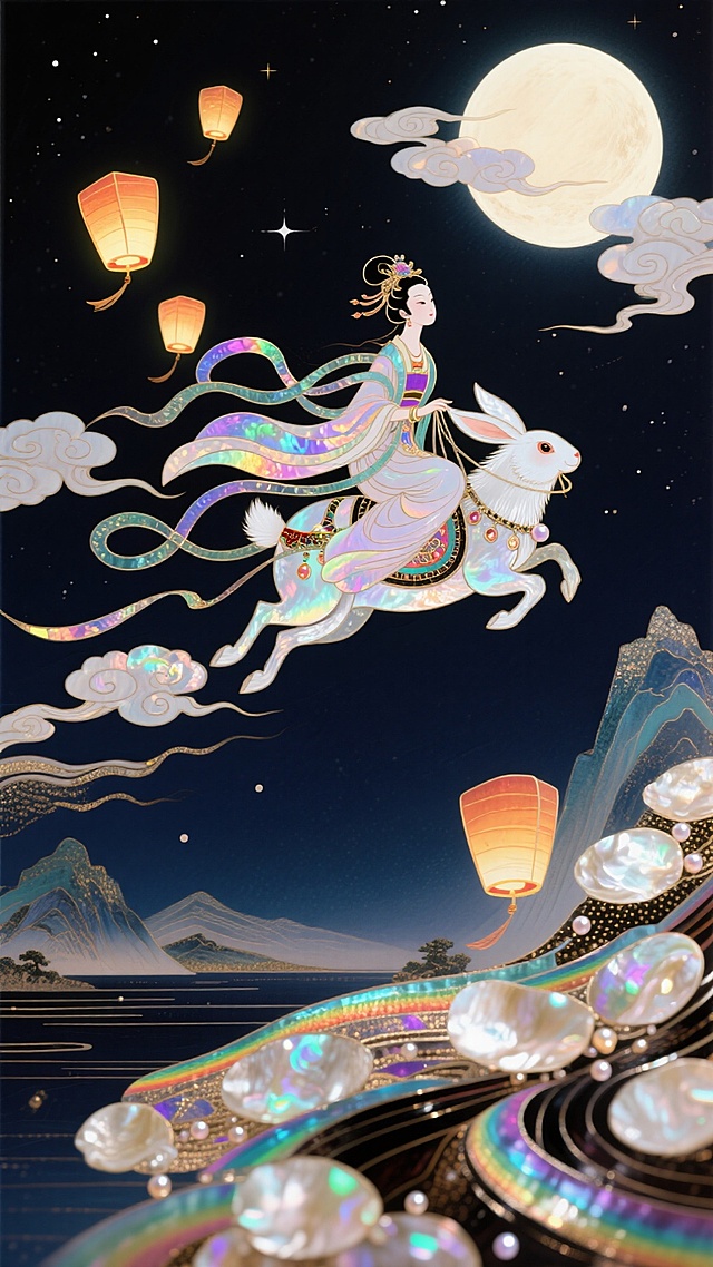 国漫风格，嫦娥骑着玉兔奔向一轮圆月，衣摆飘逸。周围环绕着祥云和上升的孔明灯，背景山脉，暗夜星空底色，非常规的动态构图