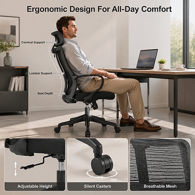 [主图-2] Ergonomic Function Introduction
[氛围风格] Warm modern office environment, comfortable professional atmosphere
[画质] Commercial photography, natural soft light, clear layering, realistic texture
[元素] Keep the office chair appearance 100% consistent with the input image. Place the chair in a minimalist modern office background, a young adult male in business casual clothing sitting on the chair, demonstrating the ergonomic fit. The image uses 7:3 composition, upper part is the overall side view showing how the backrest fits the spine, with dotted lines marking the cervical support, lumbar support and seat depth. Three small rounded rectangle picture-in-pictures at the bottom show close-ups of: 1. adjustable height lever, 2. 360° caster wheel, 3. breathable mesh texture. Each picture-in-picture has a text label. Product placement is reasonable, does not block key functional demonstrations.
[光影] Natural daylight from office window, warm tone, soft shadow, highlights the curve of the chair and the fit with the human body
[配色] Low saturation light gray office background, chair maintains original black, text uses dark gray high contrast
[视角构图] 45-degree side view, medium depth of field, focus on the interaction between human body and chair
[文字版式] Top center large title "Ergonomic Design For All-Day Comfort", bold sans-serif. Each small picture-in-picture has a short label at the bottom: "Adjustable Height", "Silent Casters", "Breathable Mesh". Labels use small bold font, white text on semi-transparent dark background.
[输出要求] 1:1 square ratio, 2048x2048 resolution, all text clearly legible, high definition commercial quality
[负向提示词] distortion, messy text, blurry product, cluttered background, watermark, platform logo, any Chinese characters