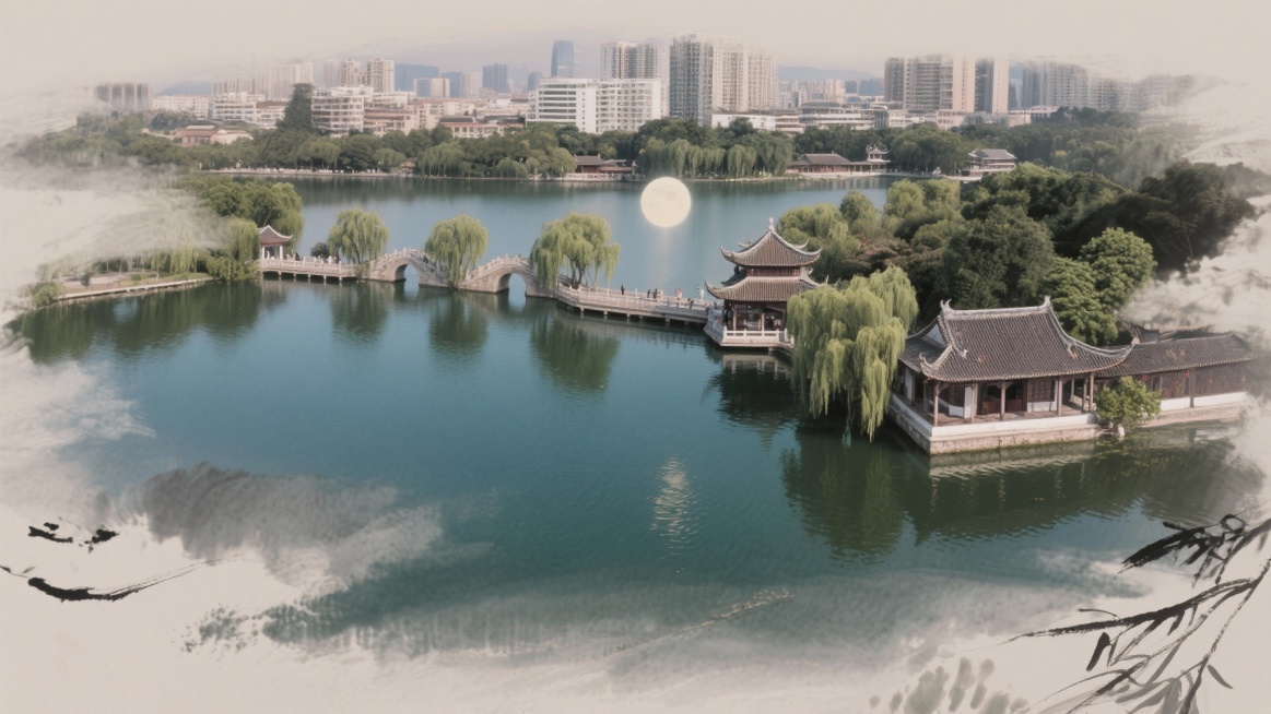 广东惠州惠城区，西湖景区，苏堤玩月，湖水碧波荡漾，垂柳依依，古建筑亭台楼阁错落，水墨江南风格，清新淡雅色调，航拍视角预览效果
