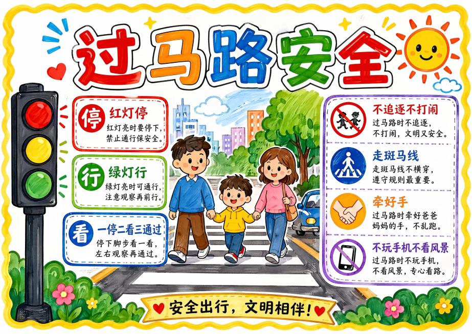 马克笔手绘风格手抄报，主标题"过马路安全"，核心安全提示内容：红灯停绿灯行，一停二看三通过，不追逐不打闹，走斑马线不横穿马路，过马路牵好爸爸妈妈的手，不玩手机不看风景。整体版式分区清晰，适合A4横版手预览效果
