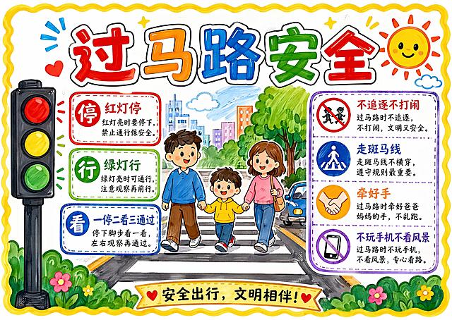 马克笔手绘风格手抄报，主标题"过马路安全"，核心安全提示内容：红灯停绿灯行，一停二看三通过，不追逐不打闹，走斑马线不横穿马路，过马路牵好爸爸妈妈的手，不玩手机不看风景。整体版式分区清晰，适合A4横版手抄报，包含红绿灯、斑马线、行人过马路等交通安全手绘装饰元素，马克笔笔触明显，色彩明快醒目，排版精美，四边留足安全边距，所有文字清晰可读，尺寸297*210mm