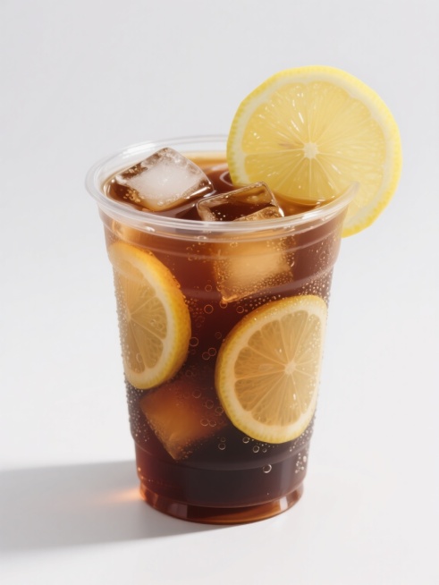 一杯透明塑料杯中装满冰块和深棕色奶茶，杯口边缘斜放着一片完整的柠檬片，杯内悬浮着数片厚薄不一的柠檬片，奶茶表面有细密气泡，整体呈现出高光泽、超写实的质感，光线从左上方照射，在杯身右侧形成渐变阴影，背景为纯白色，突出饮品主体，营造出清爽、诱人的夏日氛围。预览效果