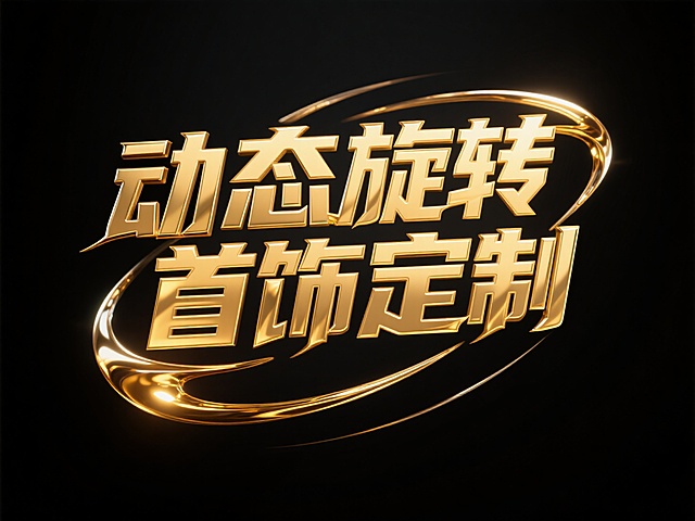 横屏金色大字“动态旋转首饰定制”，机甲风，纯黑色背景。