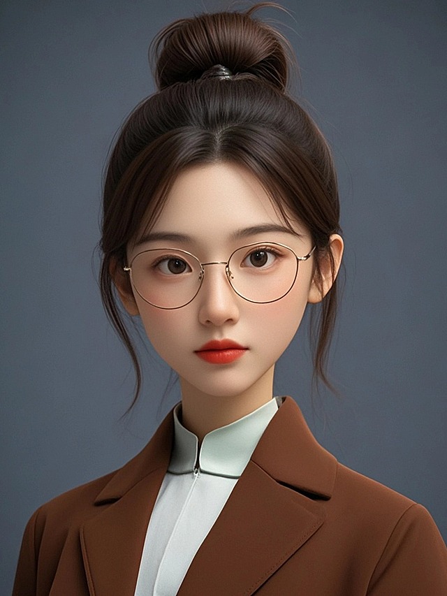 3D角色，一名20多岁的中国女教师，五官精致，丸子头，细框圆眼镜，纯色背景