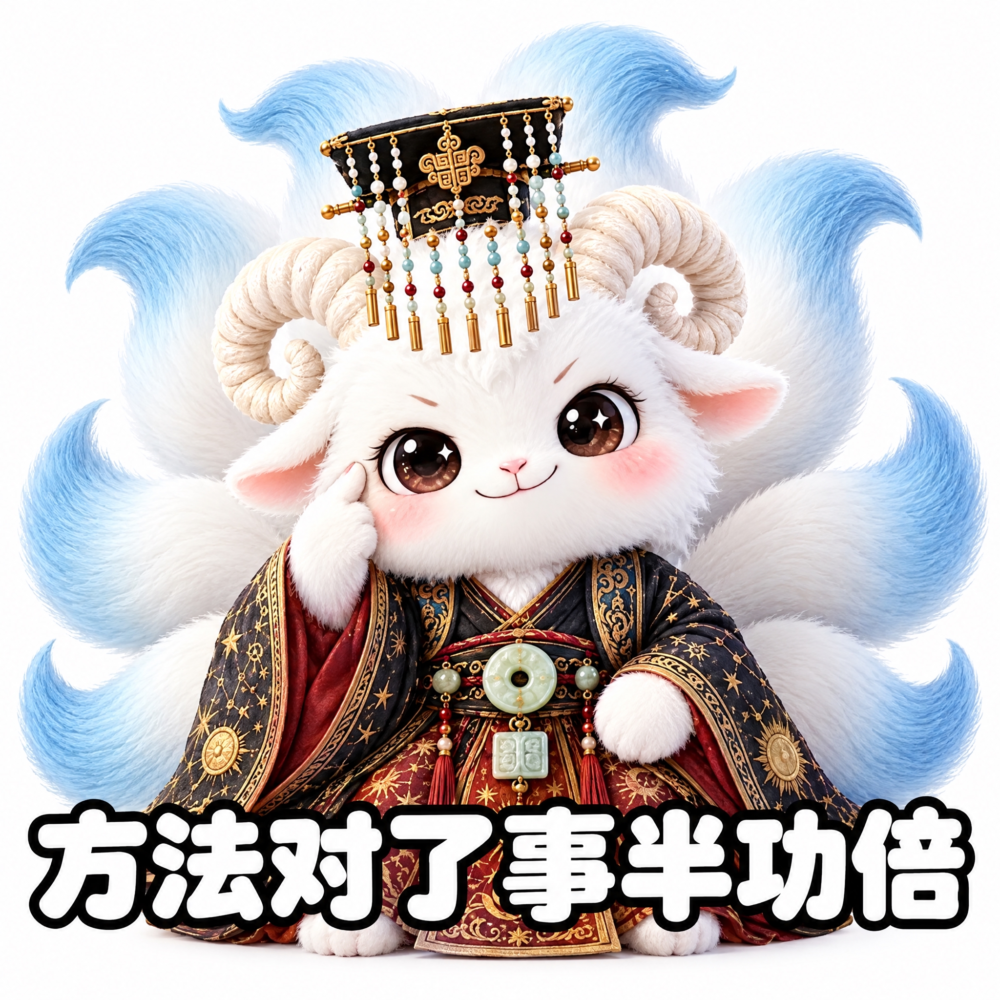 参考图中的白色九尾羊神兽（穿星象汉服、戴冕旒冠），做成可爱表情… - 图片创意预览