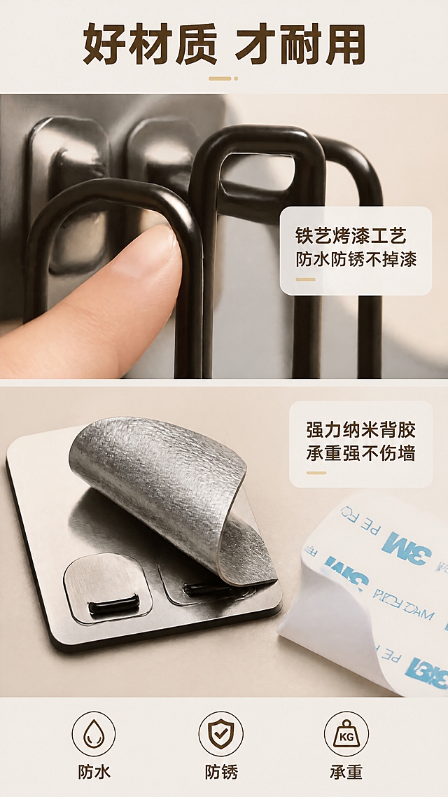 [第7张] 材质细节页-铁艺烤漆与粘胶微距特写。本张使用【图1】产品作为材质细节展示主体。
[氛围/风格] 微距细节质感页，高级感材质展示，光影细腻，突出品质。
[元素布局] 画面上下分两区。上半区：铁艺支架局部微距特写，展示黑色烤漆光滑质感、金属光泽、焊接处精细工艺，手指轻触支架表面；下半区：粘贴底座微距特写，展示强力背胶纹理、金属拉丝底座细节，旁边放着撕开的背胶纸。产品材质颜色与输入图一致。
[光影质感] 侧光打亮材质纹理，铁艺表面有细腻高光反射，金属拉丝纹理清晰，景深虚化背景突出主体。
[配色色系] 全局底色 #F0EBE3 高级灰米；主色黑色铁艺+金属银色；辅助色金色高光点缀。
[视角构图] 上下分栏微距构图，上半区铁艺细节、下半区粘胶细节，中间有标题分隔，阅读动线从上到下。
[文字版式] 顶部大标题「好材质 才耐用」深棕色黑体加粗。上半区右侧悬浮文字框「铁艺烤漆工艺 防水防锈不掉漆」；下半区右侧悬浮文字框「强力纳米背胶 承重强不伤墙」；底部三个圆形图标+文字「防水」「防锈」「承重」。
[比例分辨率] 9:16竖版比例，4K分辨率，文字清晰可辨，高清画质。
[负向提示词] 材质失真，产品变形，文字模糊，水印，颜色偏差，细节不清。