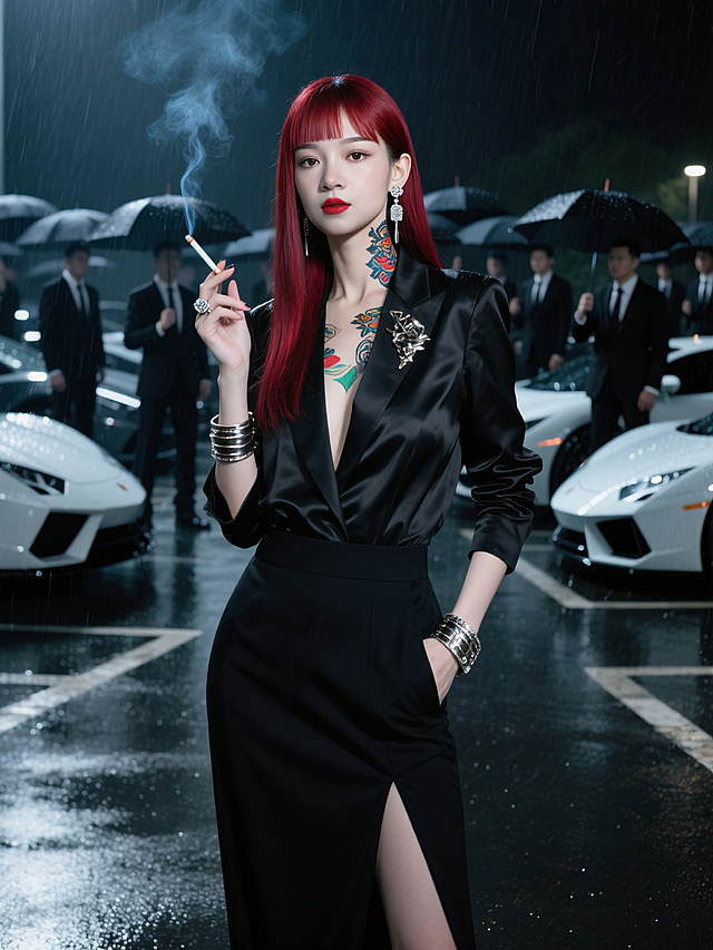 下雨夜晚，前景模糊，前景是保镖的肩膀和伞。画面中的主体是一位冷白皮御姐，轻熟风，正面。酒红色挑染长发发型，中分八字刘海，精致的妆容，丝绸衬衫，金属装饰品，黑色硬剪裁风格高定西装，黑色开叉高定长裤，细长金属棒耳饰，红唇冷笑，冷峻眼神，暗黑华丽风格。脖子一侧有大面积日式彩色纹身。昂贵金属手环，钻戒。右手姿势动作唯美，夹着香烟。神秘，冷漠，逆光，暗调背景。身后有很多穿着黑西装的保镖，场景设定在黑夜雨中的