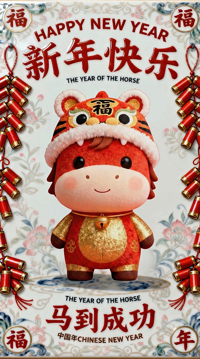 软萌卡通马娃，国潮虎帽萌趣十足，毛发生长质感搭配浮雕花纹背景，喜庆红金配色，尽显新年可爱与吉祥。