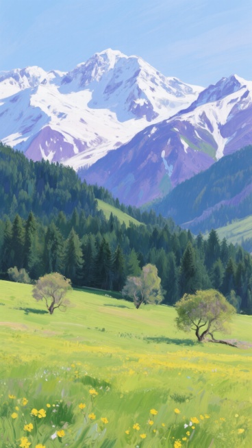 印象派风格的户外风景，远处是覆盖着皑皑白雪的连绵山峰，山体呈现出蓝紫色的阴影和白色的积雪纹理，中景是深绿色的茂密森林覆盖的山峦，近景是色彩明快、笔触奔放的绿色草原，点缀着零星的黄色小花和几棵形态自然的树木，整体画面光线明亮柔和，色彩对比鲜明且富有层次感，天空呈现出清澈的淡蓝色，营造出宁静而充满生机的自然氛围。预览效果
