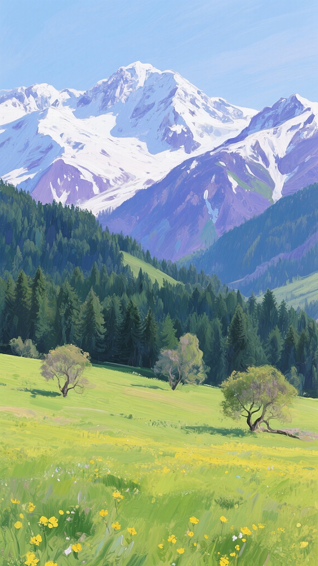 印象派风格的户外风景，远处是覆盖着皑皑白雪的连绵山峰，山体呈现出蓝紫色的阴影和白色的积雪纹理，中景是深绿色的茂密森林覆盖的山峦，近景是色彩明快、笔触奔放的绿色草原，点缀着零星的黄色小花和几棵形态自然的树木，整体画面光线明亮柔和，色彩对比鲜明且富有层次感，天空呈现出清澈的淡蓝色，营造出宁静而充满生机的自然氛围。