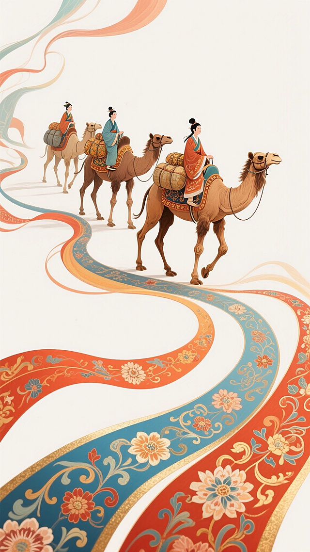 新中式风格插画，以流畅飘逸的橙红色、蓝色、金色为主色调，融合传统纹样与现代设计感，画面中央是一队骆驼商队，五峰骆驼背负华丽行囊，三位身着传统服饰的人物骑坐其上，沿着蜿蜒如丝绸般的彩色飘带前行，飘带上点缀着繁复的花卉与卷草纹，整体构图富有动感与韵律，色彩浓郁和谐，营造出丝绸之路的悠远意境与东方美学韵味，线条细腻流畅，细节精致，背景简洁留白，突出主体骆驼商队与飘逸的装饰带，兼具古典雅致与现代设计感。
