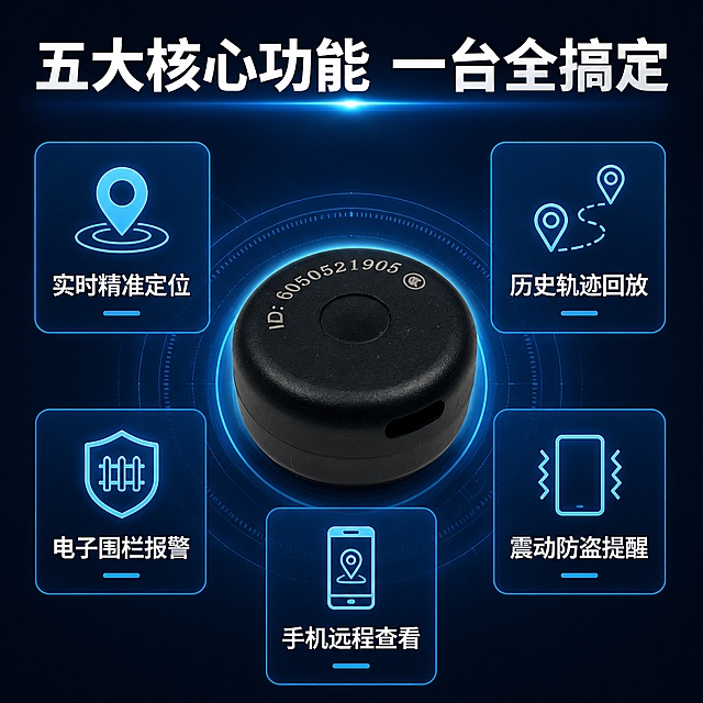 拼多多电商主图4，核心功能罗列图，规整五宫格图标图文排版，深蓝色科技感渐变背景。中间放置黑色圆形GPS定位器高清特写主图，四周环绕五个功能模块，每格搭配简约蓝色科技线条功能图标，风格统一。整体排版对称整洁，图标简洁大气，文字居中对齐，重点突出产品核心功能，视觉舒适电商观感极强。保持产品外观与输入产品图一致，产品居中清晰。

五个功能文案分别为："实时精准定位"、"历史轨迹回放"、"电子围栏报警"、"震动防盗提醒"、"手机远程查看"。每个功能配对应简约线条图标。顶部主标题粗白字"五大核心功能 一台全搞定"。

1:1正方形比例，超高清商业设计质感，文字清晰锐利。负向提示：变形、文字错乱、产品模糊、背景杂乱、水印、电商平台Logo。