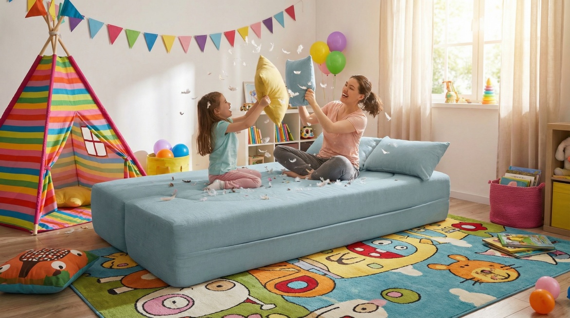 把这张浅蓝色床放在色彩活泼的儿童房，大人和小朋友在床上玩枕头大战，房间有彩色帐篷、卡通地毯，氛围热闹欢快预览效果