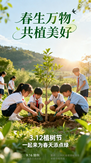 植树节节日营销海报，顶部20%区域放置艺术化主标题“春生万物 共植美好”，中部60%区域为校园师生集体植树的主视觉画面，温暖阳光，清新绿色调，孩子们认真植树，充满活力与希望，自然风景，简约治愈，细节丰预览效果