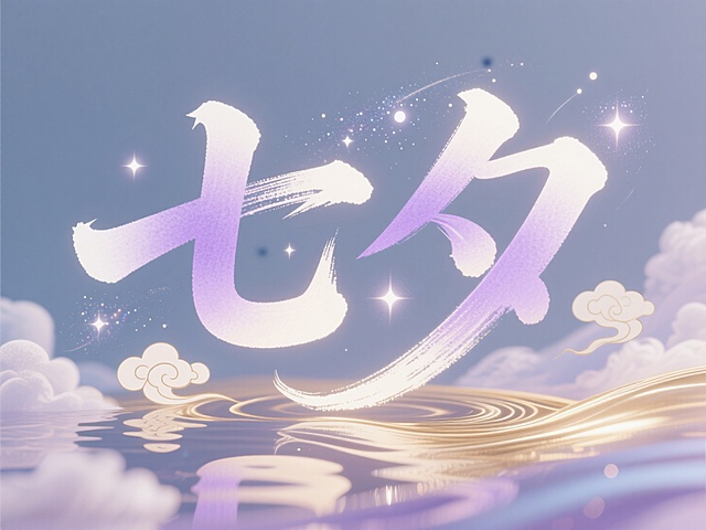梦幻插画风，大字“七夕”悬浮云端，星光闪烁，水波荡漾，浪漫节日氛围。