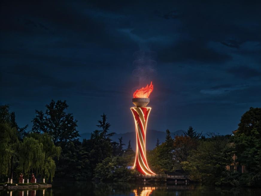 将这张图处理成夜景效果，顶端发光亮起来，旋转包裹的红色金色条用光彩灯带勾勒轮廓，oc渲染，大师杰作预览效果