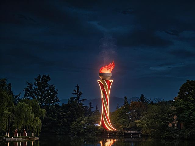 将这张图处理成夜景效果，顶端发光亮起来，旋转包裹的红色金色条用光彩灯带勾勒轮廓，oc渲染，大师杰作