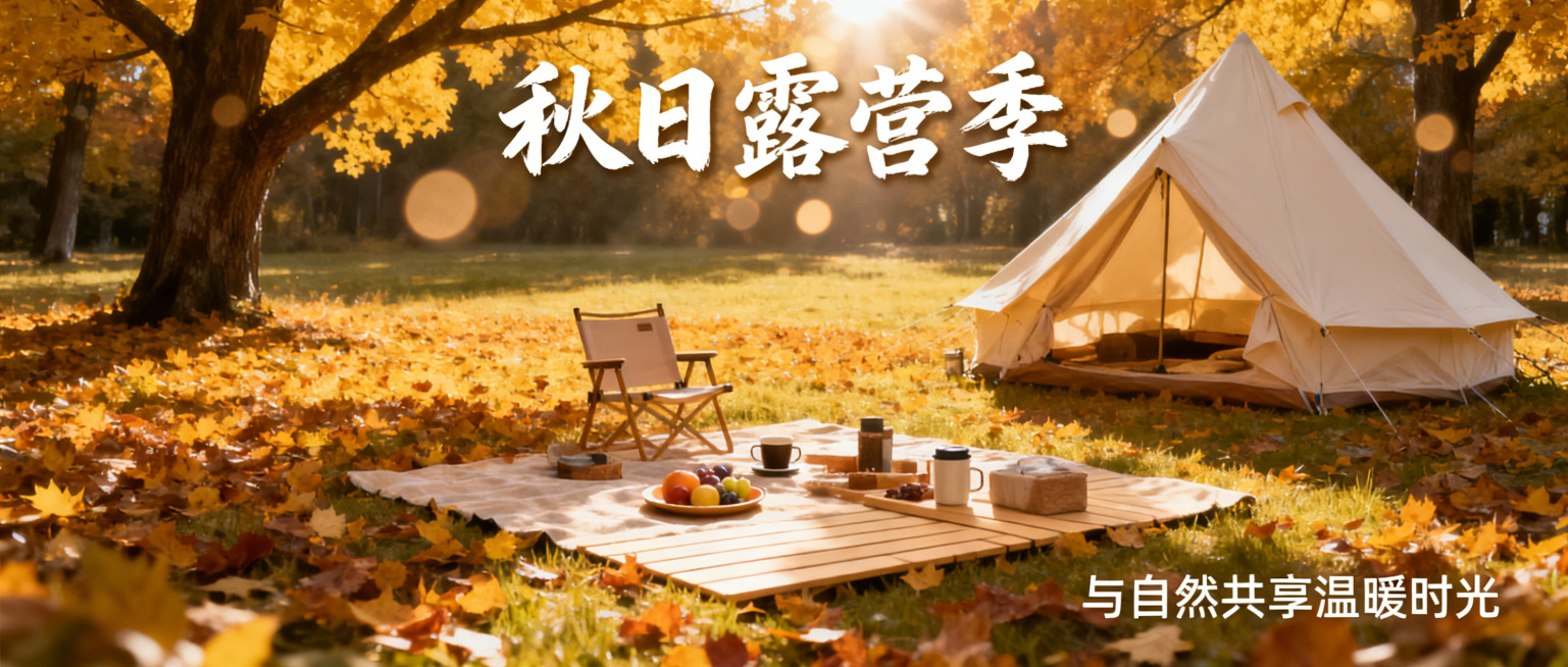 秋日露营主题公众号首图，金黄落叶铺满林间草地，阳光透过枝桠洒落，露营帐篷和休闲野餐布置在画面中，温暖治愈秋日氛围，适合公众号封面排版，整体色调温暖柔和预览效果