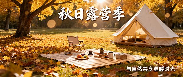 秋日露营主题公众号首图，金黄落叶铺满林间草地，阳光透过枝桠洒落，露营帐篷和休闲野餐布置在画面中，温暖治愈秋日氛围，适合公众号封面排版，整体色调温暖柔和