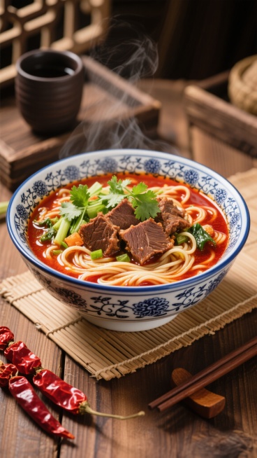 一碗热气腾腾的牛肉面特写，青花瓷花纹的碗中装满红亮的汤底，筋道的面条上覆盖着大块酥烂的酱牛肉，点缀翠绿香菜和新鲜蔬菜，木质桌面上搭配深色陶杯、竹制餐垫和鲜红干辣椒串，暖色调光线营造出浓郁诱人的中式美食氛围，写实风格，高清细节，突出食物质感和温馨烟火气。预览效果