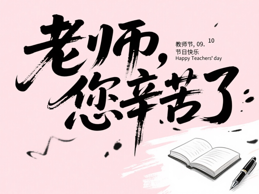 主题字体设计 “老师，您辛苦了”， 创意字体设计，线条流畅且富有动感，笔画粗细不一，将字体进行抽象变形，创造独特的节奏和动感，占画面1/3。小字“教师节，节日快乐”“09.10” “Happy Tea预览效果