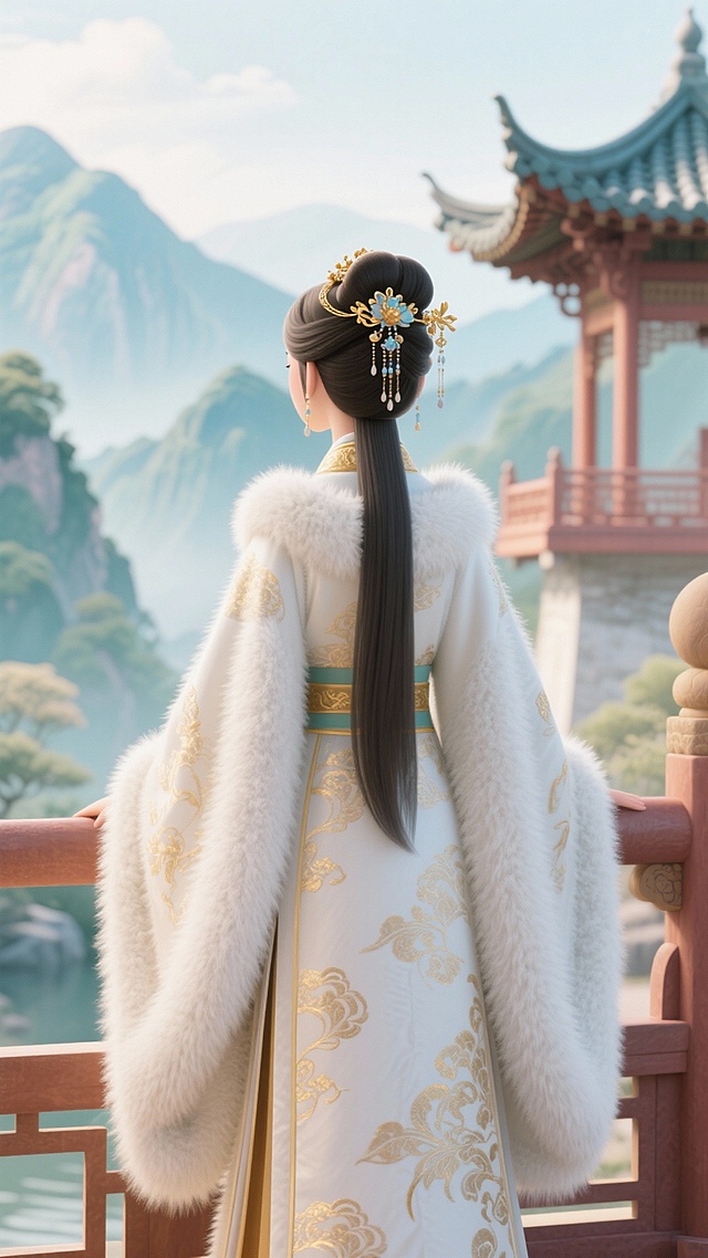 一幅中式水彩风格画面，美丽女子身着白色带绒毛中式大氅，带有金色暗纹，头发半披，戴有步摇、金簪，凭栏远望山川，是背影，近处是古代亭台楼阁建筑，整体为马卡龙配色。
