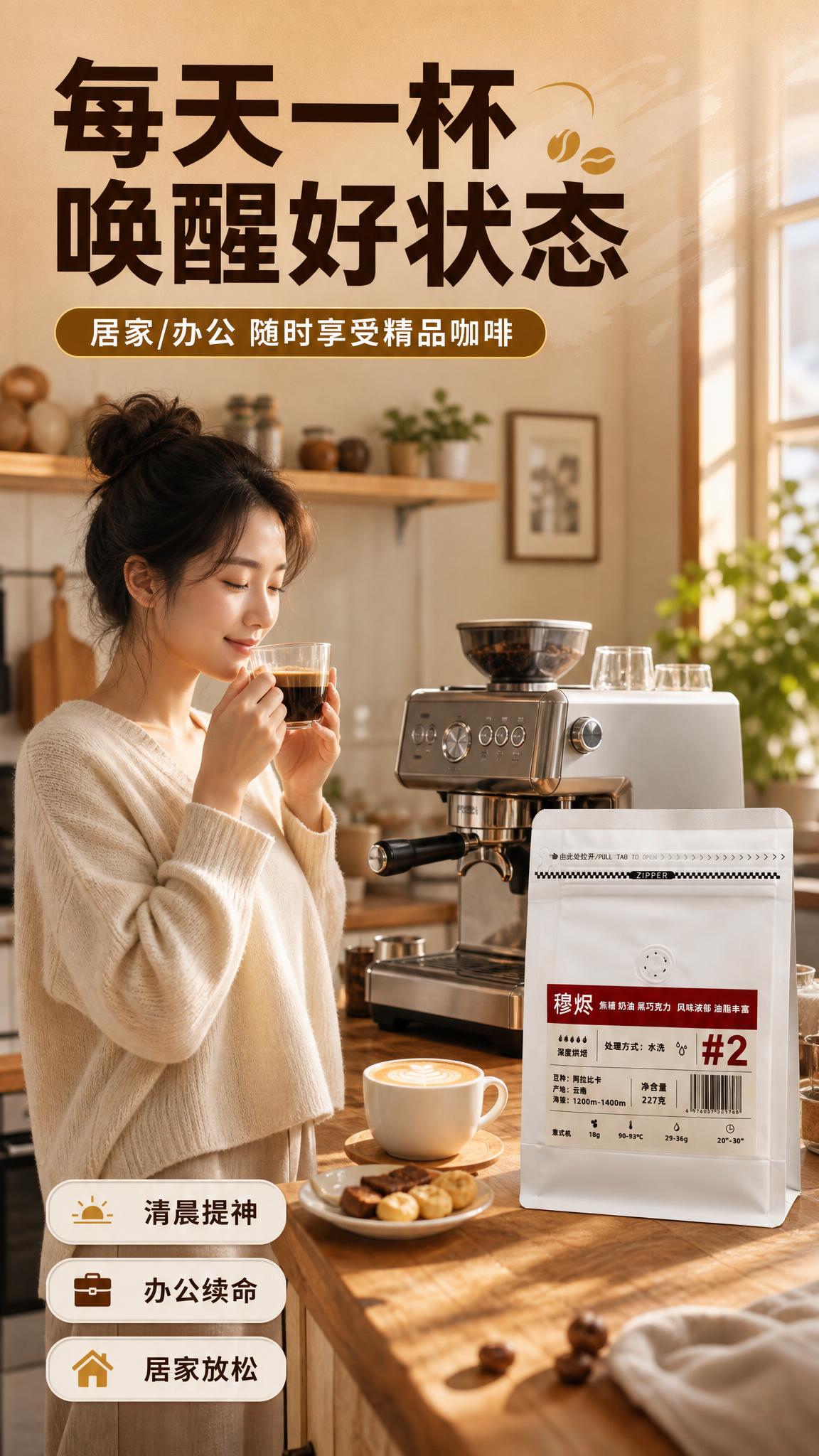 [商品] 使用【图2】穆烬#2咖啡豆包装袋放在画面右侧桌面，占… - 图片创意预览