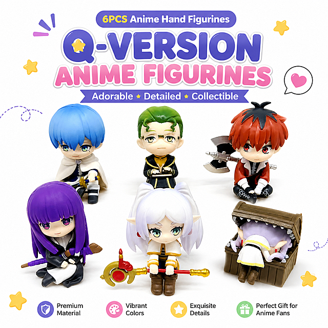 Generate an English e-commerce main image with 6 Q-version anime hand figurines shown in the picture, use a pure white background, add English title and appropriate cartoon elements, English version, clean and bright main image style