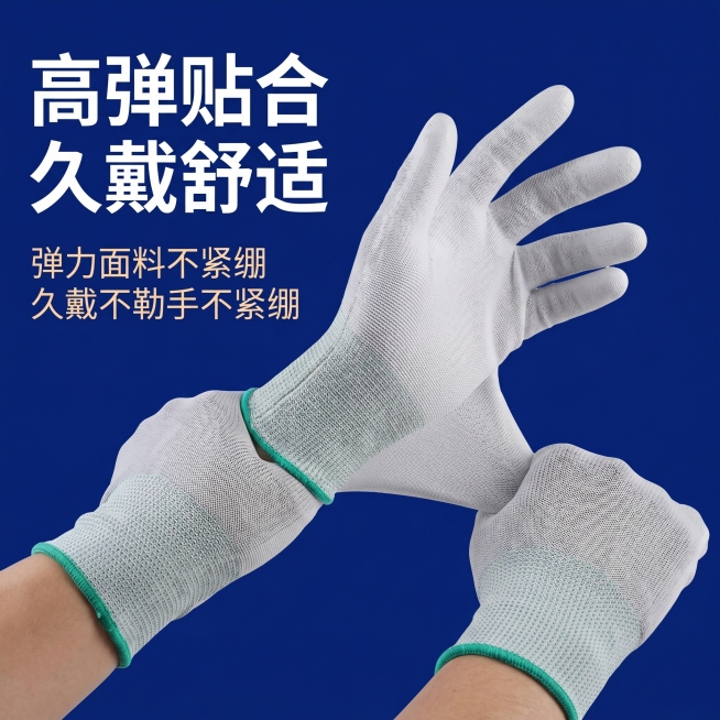 [主图 6] PU劳保手套舒适卖点主图，保持手套外观（物理结构、材质质感、颜色）与输入产品图https://1.png绝对一致，杜绝任何变形和色差。
[氛围风格] 简约高级商业电商主图风格，保持与主图预览效果