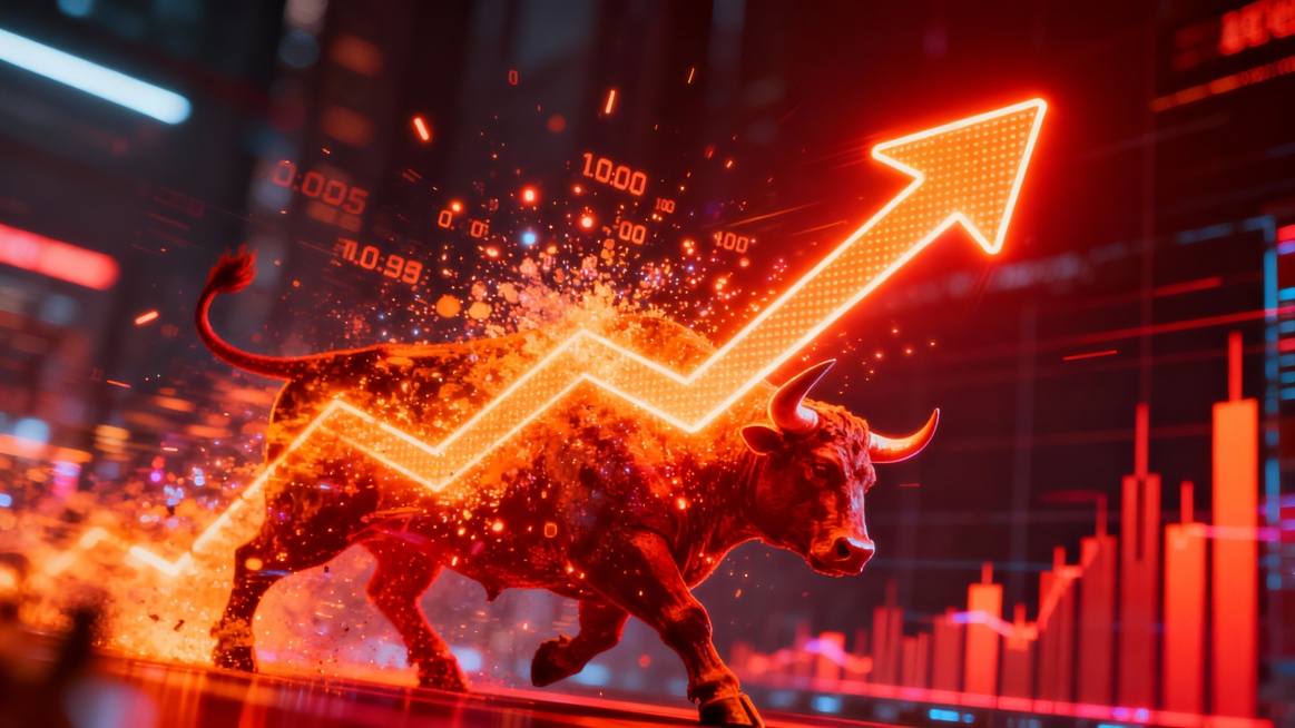 Crypto bull market background, upward glowing arrows, exploding digital particles, rising charts, st预览效果