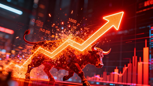 Crypto bull market background, upward glowing arrows, exploding digital particles, rising charts, strong red and orange neon lights, dramatic lighting, cyberpunk financial style, powerful atmosphere, no people, no text