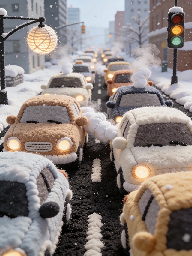 对最令人烦躁的都市场景——“冬季早高峰堵车”进行治愈系改造。马路不再是柏油路，而是厚厚的米色长毛地毯。所有的汽车都变成了巨大的、毛茸茸的移动拖鞋，或者长着轮子的慵懒毛绒怪兽，它们在缓慢地互相蹭着前进。红绿灯变成了三个发光的毛线团。汽车尾气是喷涌而出的白色填充棉。