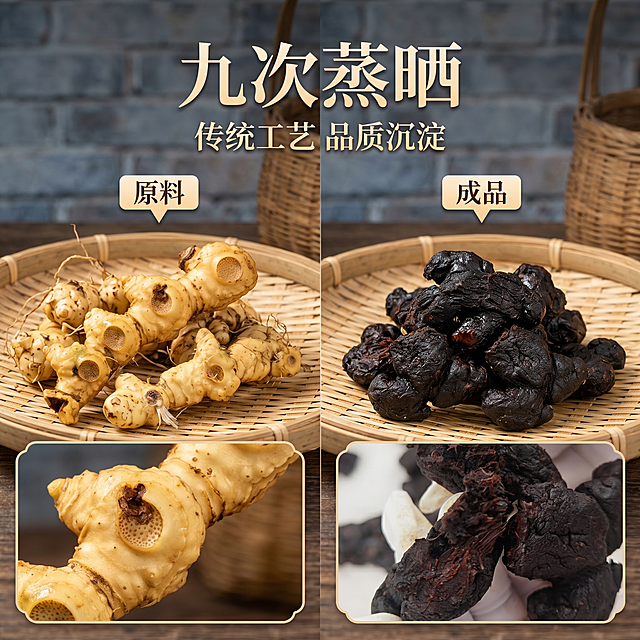 使用电商主图技能生成5张比例1:1的电商主图，适配平台为抖音，商品为「图片1」「图片1」「图片1」「图片1」，商品卖点为九蒸九晒黄精 软糯香甜 九次蒸晒 温润更易吸收 ，其他要求为突出产品的优点多场景展示