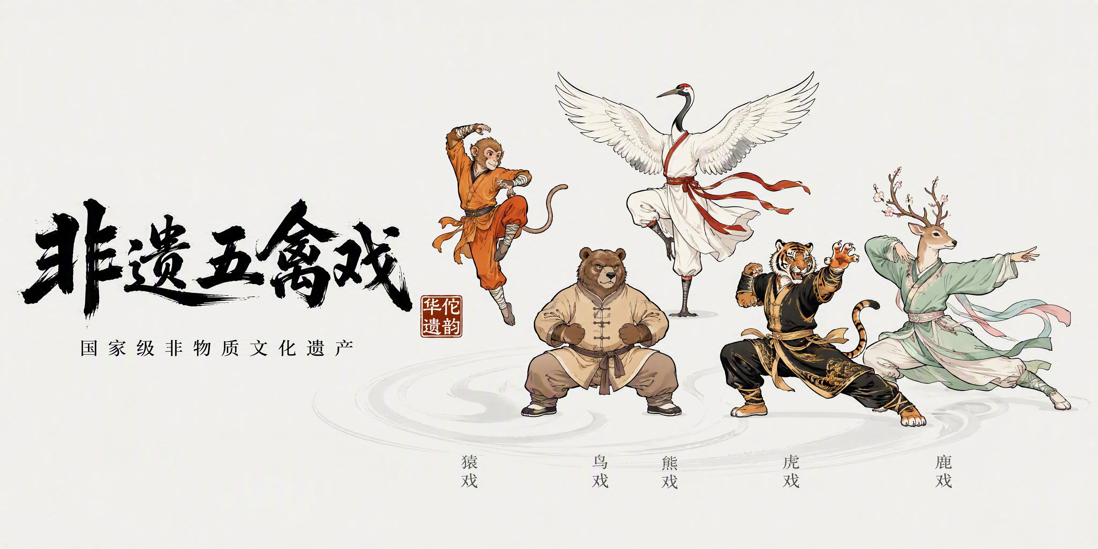 非遗五禽戏横版组合式LOGO设计，现代国潮风格，浅灰白色背景。… - 图片创意预览