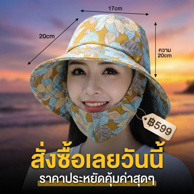 严格还原上传的产品图，包括姜黄色主体、灰蓝色植物印花、一体式连面罩结构等所有细节，产品尺寸帽檐宽约17cm，整体帽深20cm，面罩长度覆盖至下颌，尺寸比例1:1。东南亚活力吸睛风格，杂志级居中放大排版预览效果