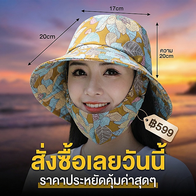 严格还原上传的产品图，包括姜黄色主体、灰蓝色植物印花、一体式连面罩结构等所有细节，产品尺寸帽檐宽约17cm，整体帽深20cm，面罩长度覆盖至下颌，尺寸比例1:1。东南亚活力吸睛风格，杂志级居中放大排版，模特微笑佩戴产品特写，搭配价格标签元素，泰国海滩日落虚化背景；主标题泰语「สั่งซื้อเลยวันนี้」置于画面正中央加粗放大，副标题泰语「ราคาประหยัดคุ้มค่าสุดๆ」置于主标题下方细体，文字用姜黄色高亮突出，整体视觉抓眼，风格统一无割裂，引导用户下单转化。