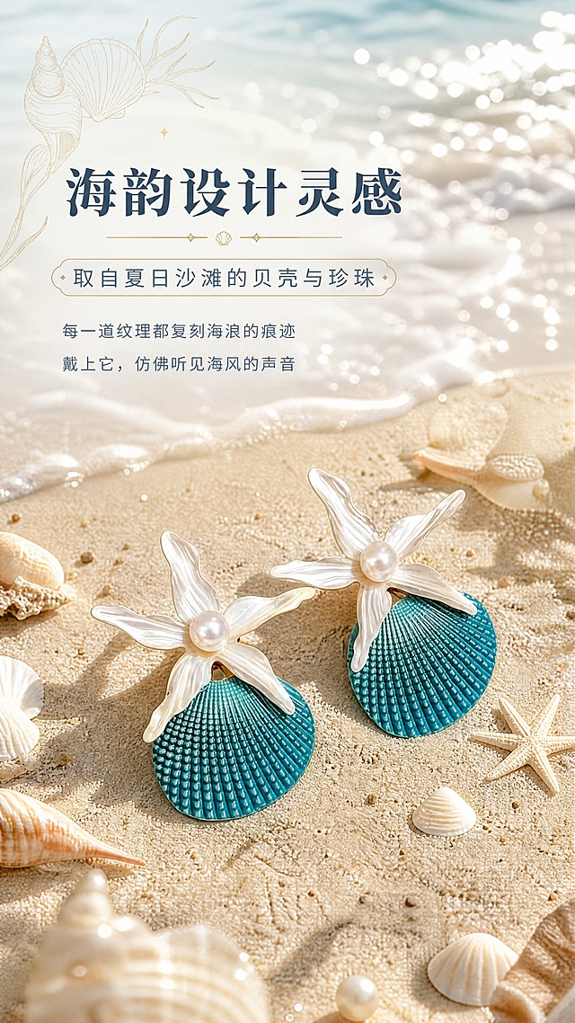 [商品] 使用【图2】海韵珍珠贝壳耳环；保留白色花瓣海星造型、中心珍珠、蓝绿色扇贝壳纹理的完整结构与颜色；商品处理：保留耳环原有造型与质感，自然融入设计故事场景，不改变产品结构。
[画面] 第4张 设计理念，故事氛围型。目标：传递夏日沙滩贝壳珍珠的设计灵感。耳环一对斜向摆放于画面中下部，占画面约40%。背景为海边沙滩意境：柔焦海浪、散落贝壳、阳光光斑、细沙质感。左上角有手绘感的贝壳线稿装饰，右侧有海星小元素点缀。整体营造从海边拾贝到设计成饰的故事感。
[视觉] 套系策略：风格=温柔清新海边度假风商业摄影；标题字=优雅衬线粗体；正文字=简洁圆润无衬线体；主色=浅海蓝+米白珍珠色；背景延展=基于浅海蓝与米白做沙滩海浪渐变、阳光光斑、细沙纹理；强调色=浅金色，仅用于小面积装饰线、图标和标签点缀；标题色=深海蓝；正文色=灰蓝色；组件=半透文字底框、手绘贝壳线稿装饰、细金线；光影=午后海边暖光，柔和逆光勾勒轮廓。
[文字] 左上方主标题"海韵设计灵感"，副标题"取自夏日沙滩的贝壳与珍珠"，下方两段短文案："每一道纹理都复刻海浪的痕迹""戴上它，仿佛听见海风的声音"。文字全部横向排版，不遮挡耳环主体。
[规格] 图片比例9:16竖版，4K，负向提示：避免变形、错字、文字过小、耳环结构改变、颜色偏差、背景杂乱、风格违和。