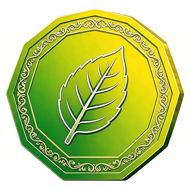 保持当前八边形金币的雕花边框样式不变，将中心树叶金币主体大小调整为和第一张示例图一致，生成100×100的正方形图片，保持绿金色渐变和整体风格不变