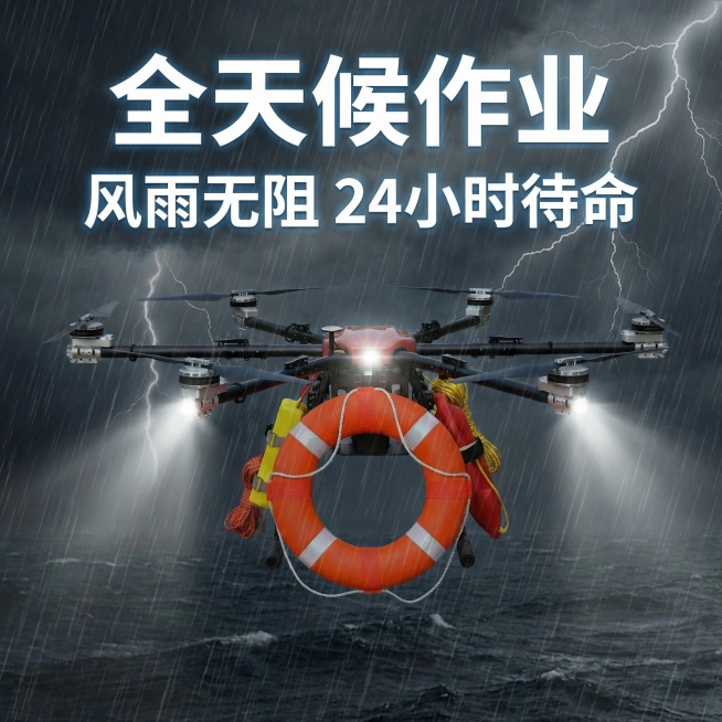 消防救援无人机卖点详情图，展示“全天候作业”核心卖点，画面呈现无人机在暴雨天气中执行救援任务的场景，配文字“风雨无阻 24小时待命”，用暗色调背景，突出可靠性预览效果
