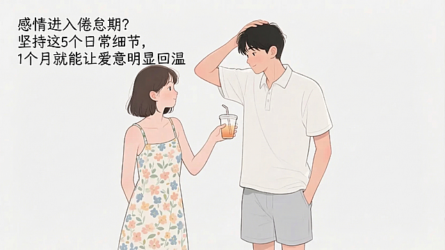 在图片左上角空白位置添加文字“感情进入倦怠期？坚持这5个日常细节，1个月就能让爱意明显回温”，保持原图的插画风格、人物和内容不变，保持整体画面协调美观