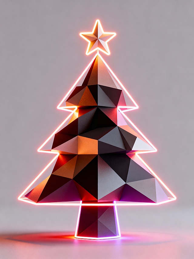低多边形圣诞树，霓虹光勾勒轮廓，金属质感与几何结构融合，未来感十足的3D设计，光影交错，呈现酷炫科技风节日氛围。