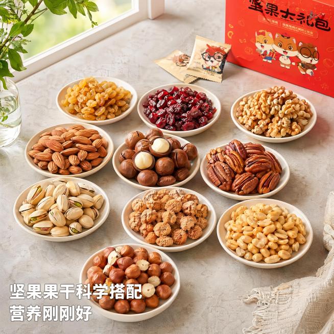 [主图-4] 科学配比卖点展示，突出营养搭配，氛围风格为天然健康生活风，场景化代入，商业摄影质感，光线自然通透，画面清晰高级。陶瓷餐盘中整齐摆放不同种类坚果果干，分类展示科学配比，每类坚果果干分开摆放预览效果