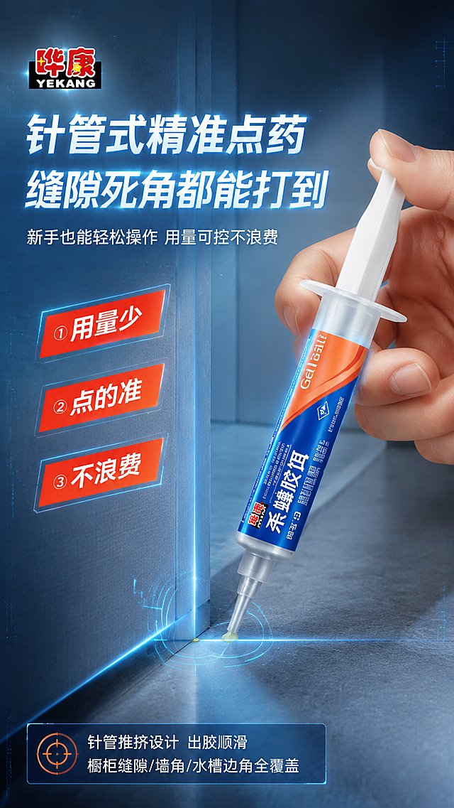 [商品] 使用【图11】针管点药页的产品角度与操作逻辑，结合【图1】【图2】蓝管产品；保留蓝橙包装、针管造型、推挤结构、晔康Logo、杀蟑胶饵文字；产品真实功能方向为针管式推挤点药。产品处理：保留原貌，增强质感，针管透明部分更通透。
[画面] 目标：展示针管式精准点药设计，操作省心，缝隙死角都能打到。构图：中心偏右构图，右侧真人手部持针管点药（占画面50%），左侧卖点信息区（占40%）。主体位置：手捏针管尾部，针尖对准墙面缝隙，挤出绿豆大小胶饵点。阅读动线：主标题→手部操作主体→左侧三大卖点→底部补充说明。前中后景：前景墙面缝隙与胶饵点、中景手与针管、后景灰蓝色科技感墙面/墙角场景。场景：真实墙角缝隙场景，带科技光效烘托。
[视觉] 套系策略：风格=科技光感商业海报，高级灰蓝调，带光束/粒子/光晕效果；标题字=粗黑体，厚重有力，带科技光效描边；正文字=简洁无衬线黑体；主色=深海蓝+科技灰；背景延展=基于灰蓝色做深浅渐变、径向光效、网格线、粒子漂浮质感；强调色=亮蓝色光效+橙金色点缀，仅用于小面积图标、引线、标签、光效高光；标题色=白色带蓝色光效；正文色=浅灰蓝；组件=圆角科技感信息卡、发光引线、斜角标签；光影=侧前方主光，针管带轮廓光，手部真实自然，胶饵点有光泽。
[文字] 主标题："针管式精准点药 缝隙死角都能打到"。副标题："新手也能轻松操作 用量可控不浪费"。左侧3个卖点标签（斜角红/橙底白字）：①用量少 ②点的准 ③不浪费。底部补充："针管推挤设计 出胶顺滑 橱柜缝隙/墙角/水槽边角全覆盖"。文字均横排，不遮挡手部操作主体。
[规格] 图片比例9:16竖版，4K，负向提示：避免产品变形、包装文字错乱、手部失真、文字竖排、暖色调、白底、极限词。