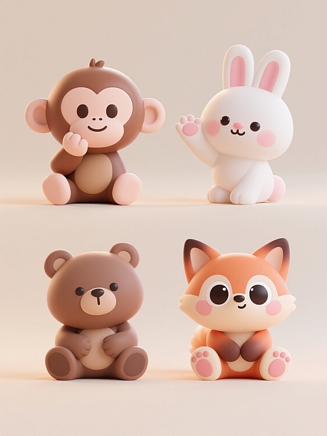 3D渲染风格的可爱动物角色设计，采用圆润饱满的造型，光滑细腻的塑胶质感表面，柔和均匀的漫反射光源，高光柔和不刺眼，阴影浅淡自然。四个不同类型的可爱动物，分别为坐姿托腮的小猴子、站立挥手的小兔子、趴着歪头的小熊和抱膝蹲坐的小狐狸，每个动物都有超大圆眼睛、粉嫩腮红和肉垫细节，色彩明快柔和。整体呈上下两行对齐排列，浅色纯净背景，构图均衡，充满童趣和治愈感。